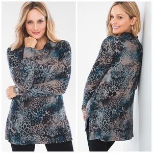 Chico's Zenergy Cozy Paisley Leopard Animal Print Ribbed Cowl Neck Tunic Sweater